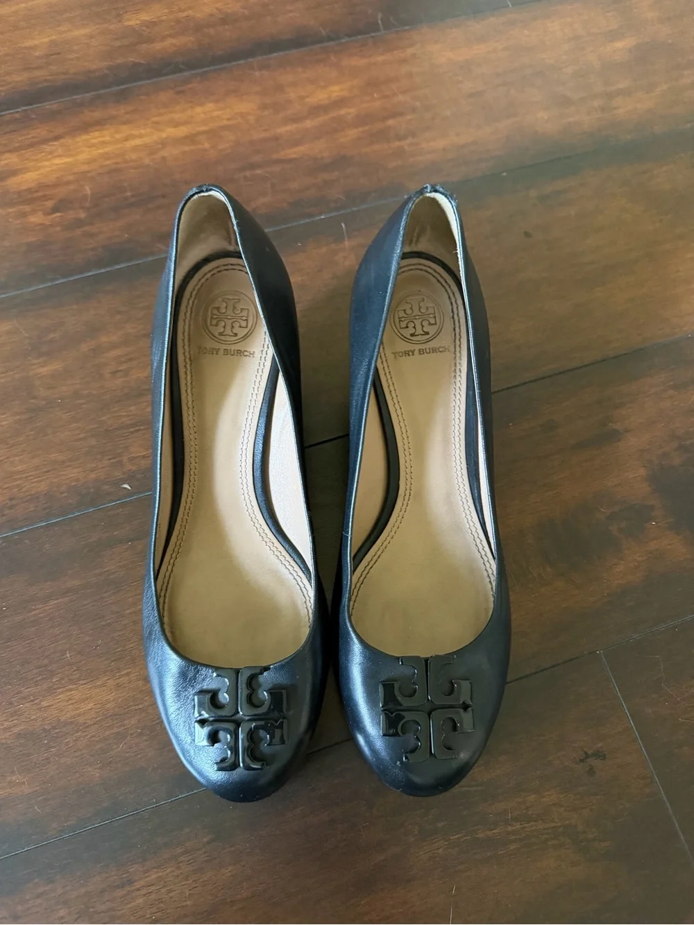 Tory Burch Black Leather Lowell 2 Wedges
